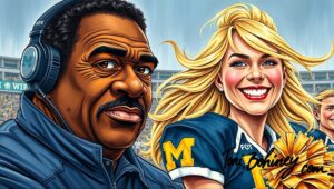 Illustration of a football helmet balanced atop a tall, unstable stack of documents and folders.